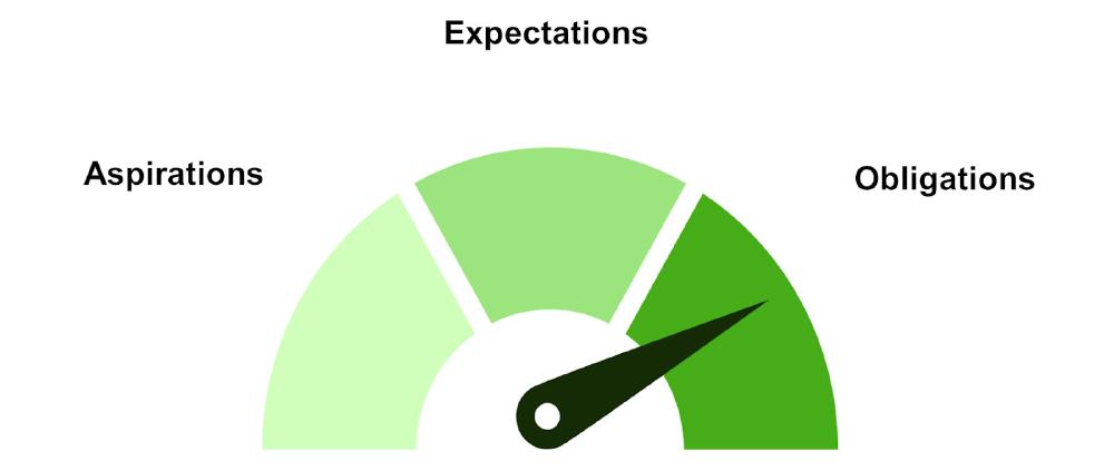 A gauge ranging from aspirations via expectations to obligations, with a visor pointing towards the latter.